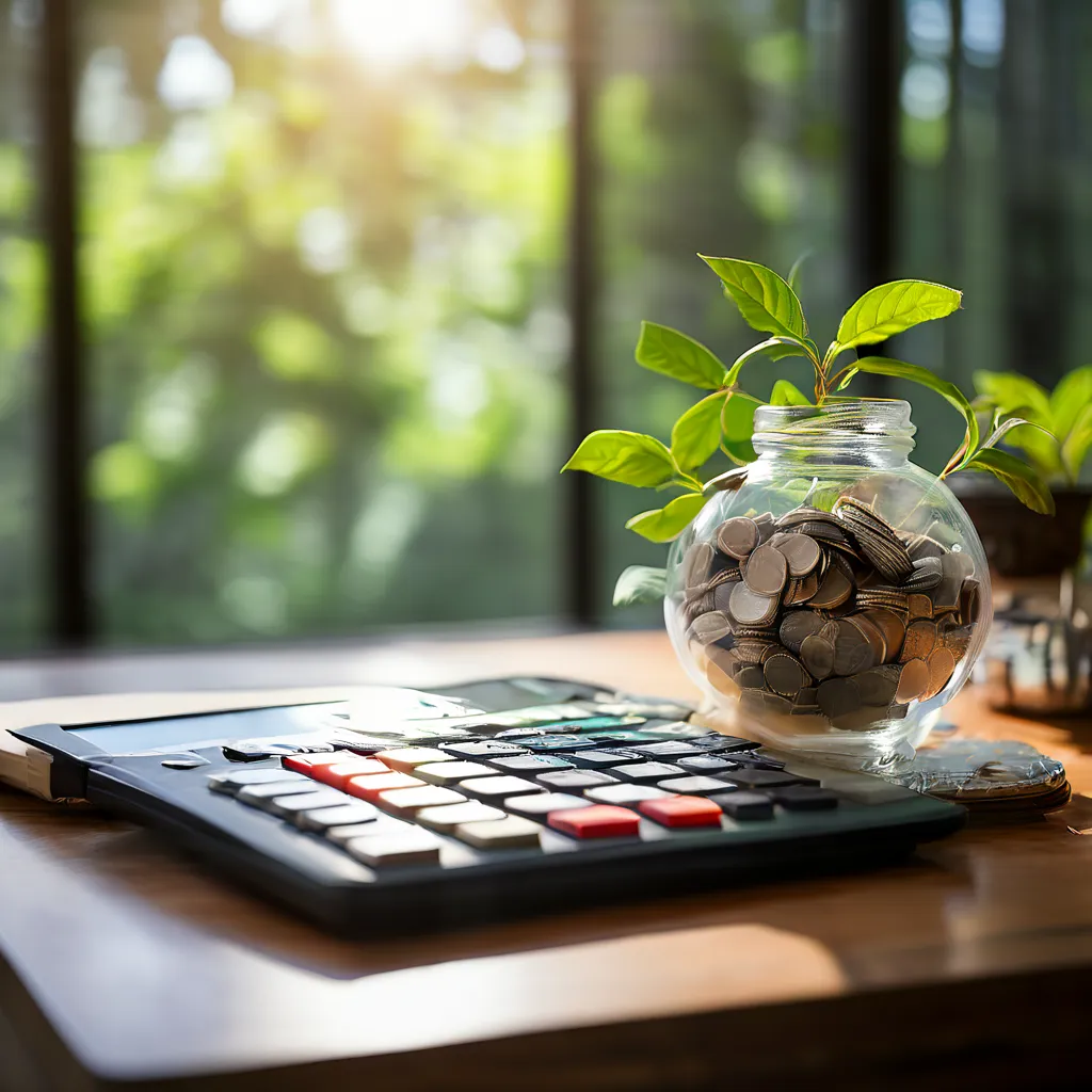 Une calculatrice posée sur un bureau, à côté d’un bocal de pièces d’où pousse une jeune plante